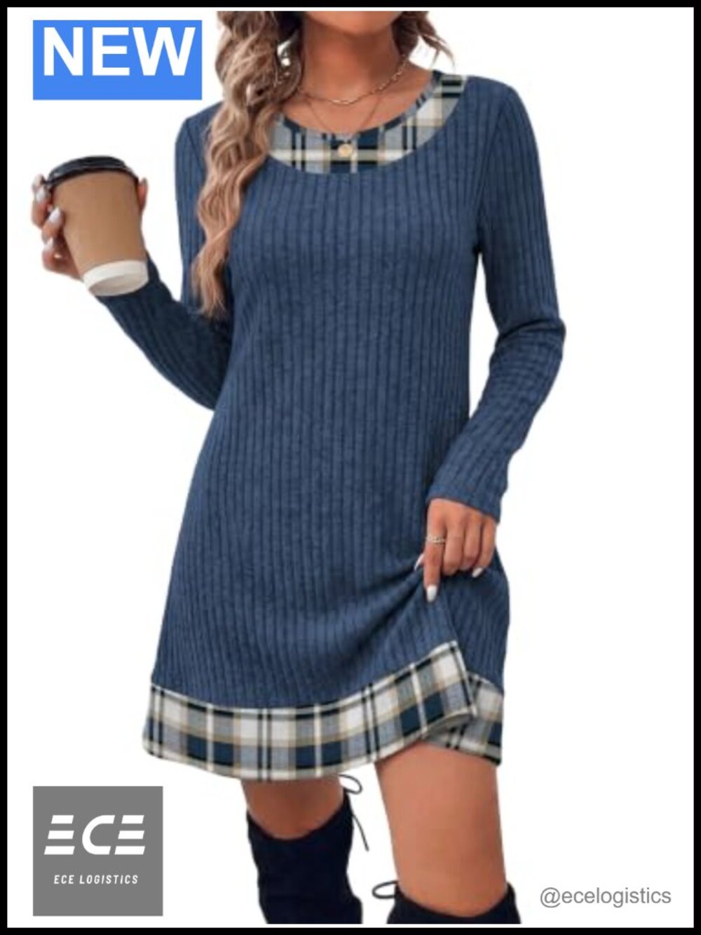 Long Sleeve Ribbed Sweater Dress Crew Neck Pull On Side Pockets Relaxed Fit